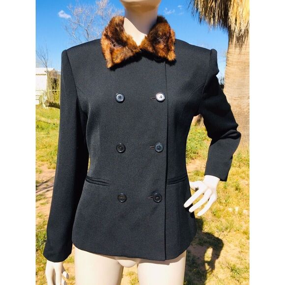 Vintage Ralph Lauren Wool Double Breasted Blazer Faux Mink Fur Collar Size 4 - Picture 3 of 7